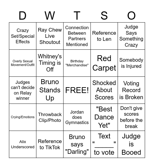 DWTS 20th Anniversary Bingo Card