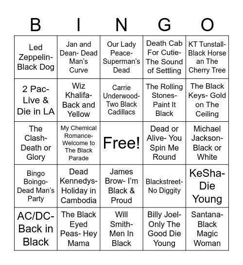 Radio Bingo "Black" "Death" Bingo Card