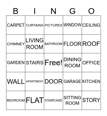 ROOMS AND THINGS IN A HOUSE Bingo Card