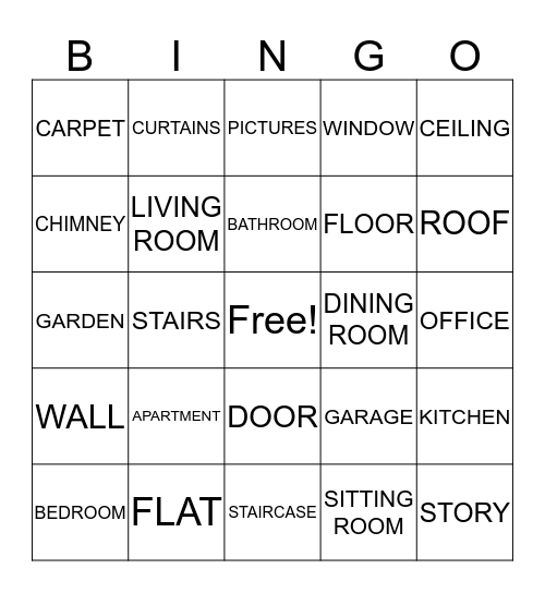 ROOMS AND THINGS IN A HOUSE Bingo Card
