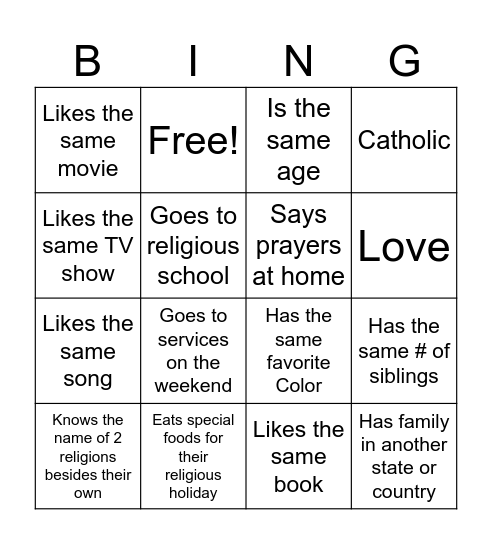 Interfaith Kids Bingo Card