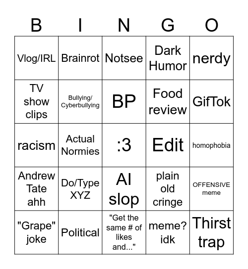 brainrot bingo Card