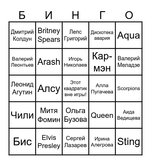 МУЗЫКАЛЬНОЕ БИНГО. Угадай исполнителя и вычеркни его в карточке, составляй 1 линию, 2 линии, всю карточку и кричи "БИНГО" Bingo Card