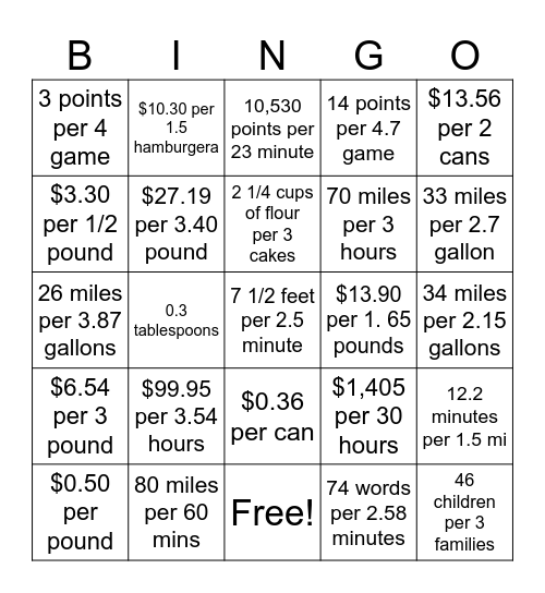 Unit Rate Bingo Card