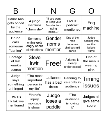 DWTS Bingo Card