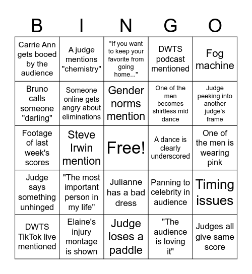 DWTS Bingo Card