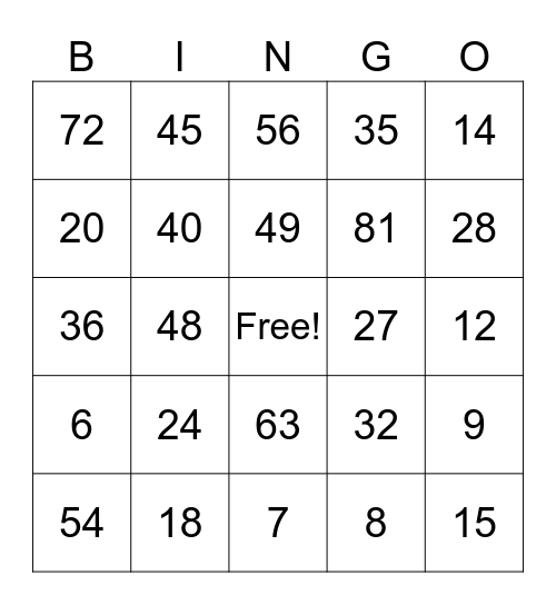 Multiplication Bingo! Bingo Card