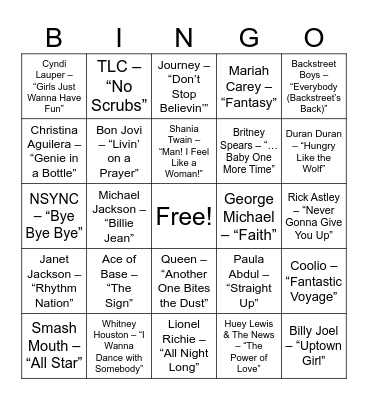 “Jackpot Jams” (’80s & ’90s Party Hits) Bingo Card