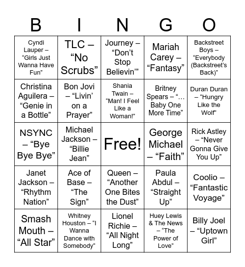 “Jackpot Jams” (’80s & ’90s Party Hits) Bingo Card
