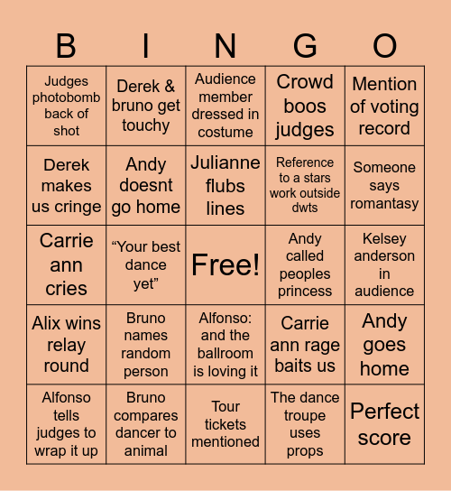 DWTS 20th anniversary night Bingo Card