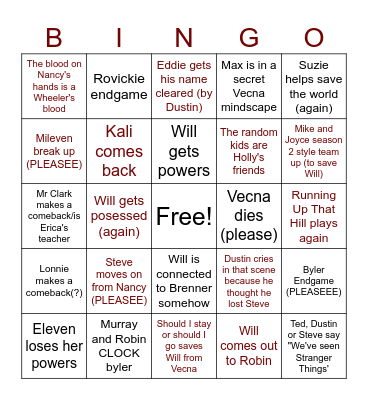 STRANGER THINGS 5 PREDICTIONS Bingo Card