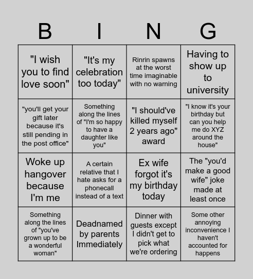 Despair's birthday Bingo Card