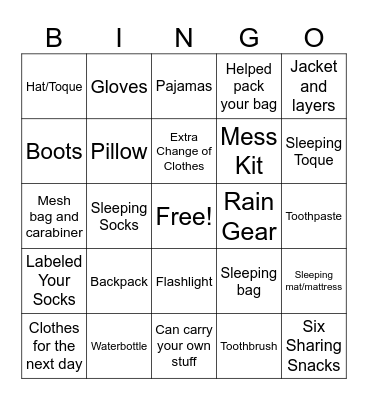 Backpack Bingo Card