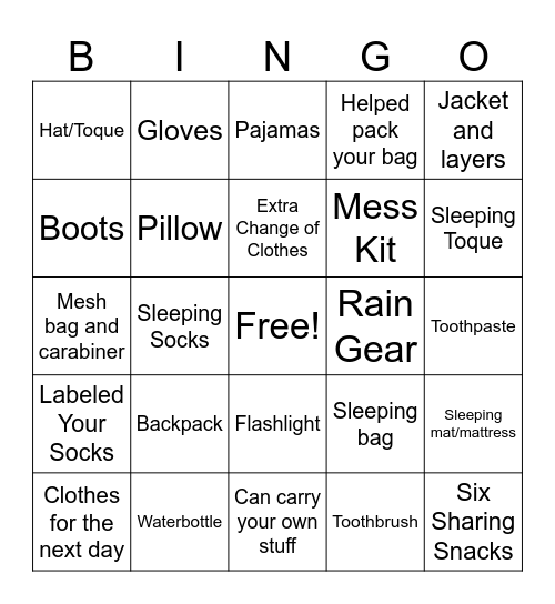 Backpack Bingo Card