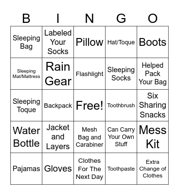 Backpack Bingo Card