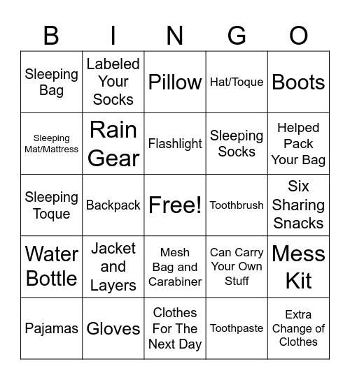 Backpack Bingo Card