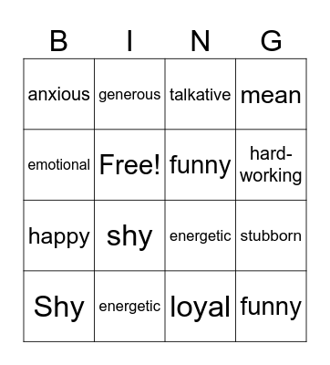 Adjectives Bingo Card