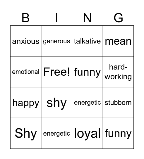 Adjectives Bingo Card