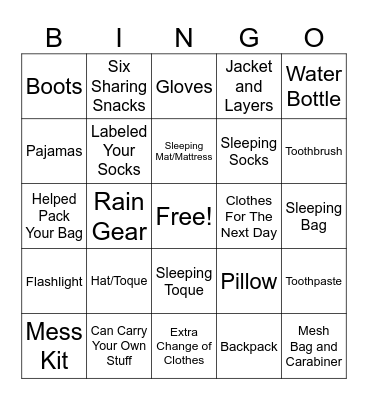 Backpack Bingo Card