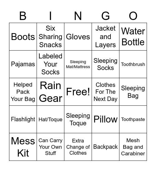 Backpack Bingo Card
