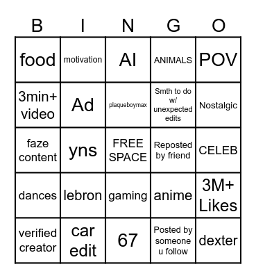 SGxNinja TikTok Bingo Card