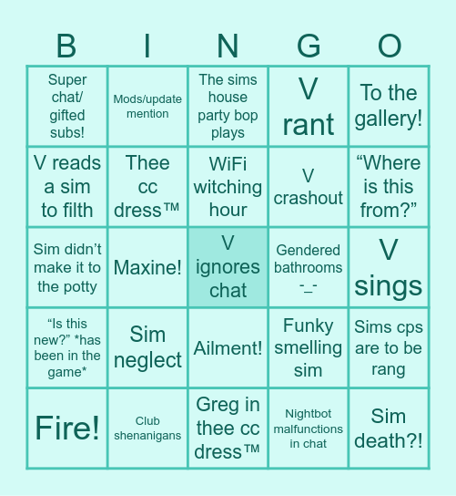 vstreetlove sims stream Bingo Card