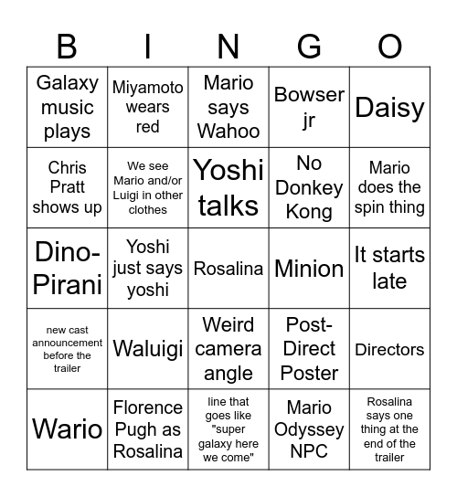 Mario Galaxy Direct Bingo Card