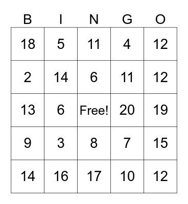 Addition within 20 Bingo Card