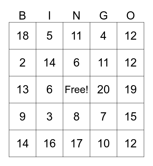 Addition within 20 Bingo Card