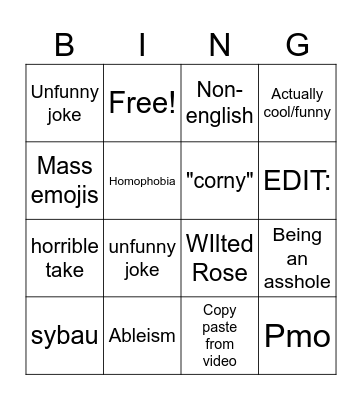 Short Form comments Bingo Card