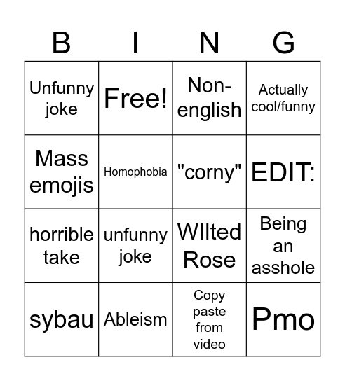 Short Form comments Bingo Card