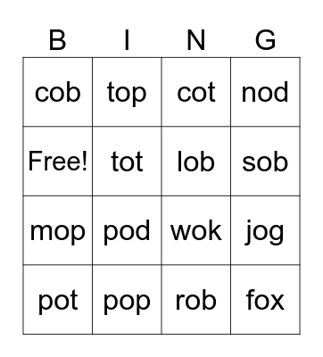 short o Bingo Card