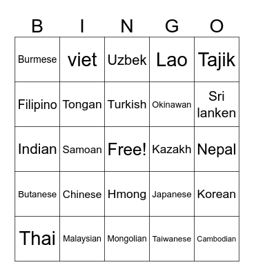 Asian bingo Card