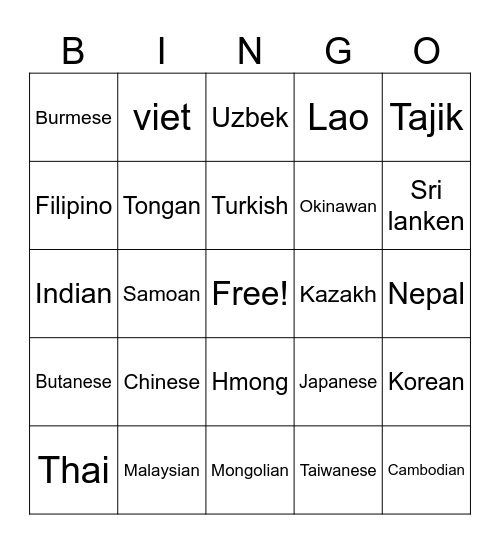 Asian bingo Card