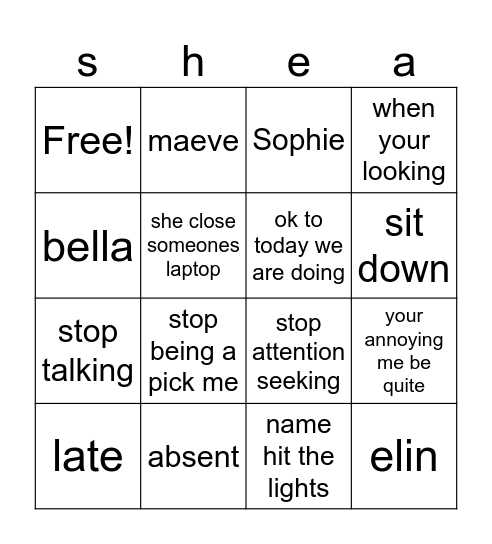 ms shea bingo Card