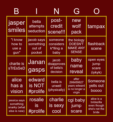 Breaking Dawn Part 1 Bingo Card