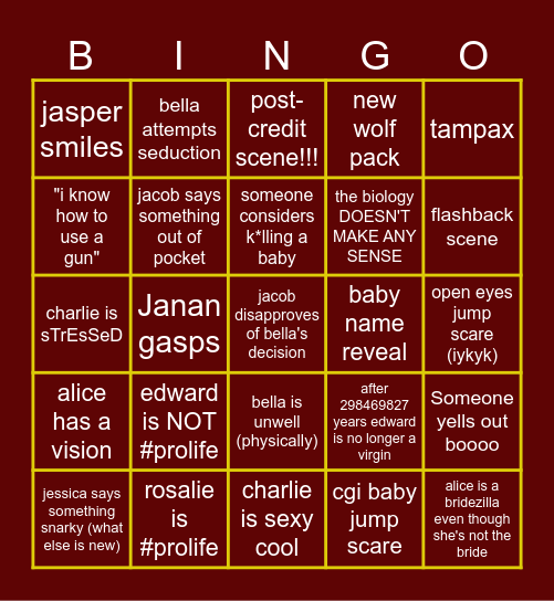 Breaking Dawn Part 1 Bingo Card