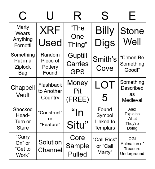 Curse of Oak Island Bingo Card