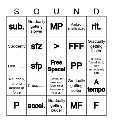 Dynamics And Sounds Bingo Card