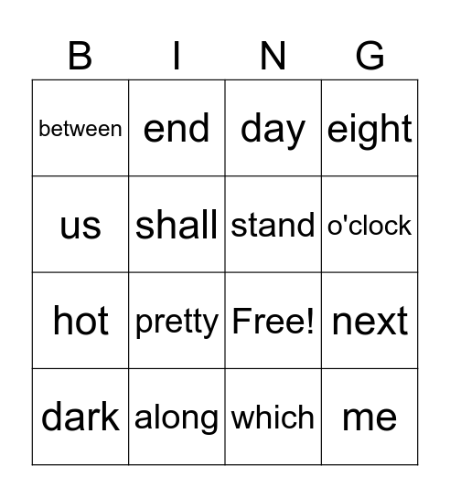 High Frequency Words Bingo Card