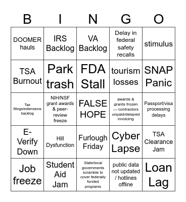 2025 GOVT Shutdown Bingo Card