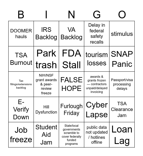 2025 GOVT Shutdown Bingo Card