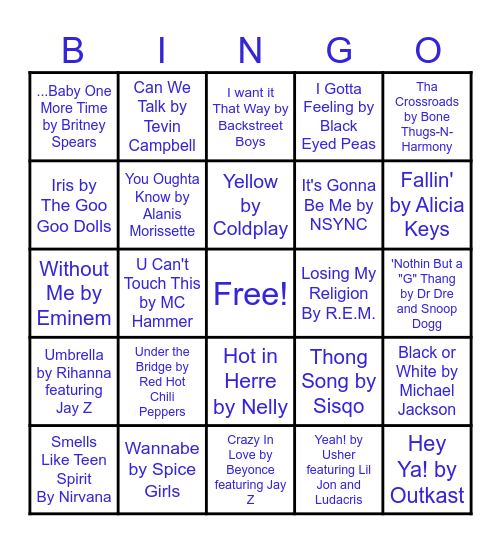 90s & 00s Hits Bingo Card