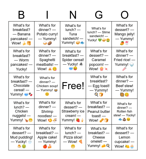 B5 L2 What's for breakfast? Bingo Card