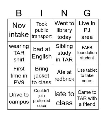 Welcoming Party Bingo Card