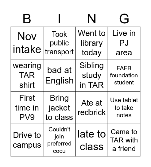 Welcoming Party Bingo Card