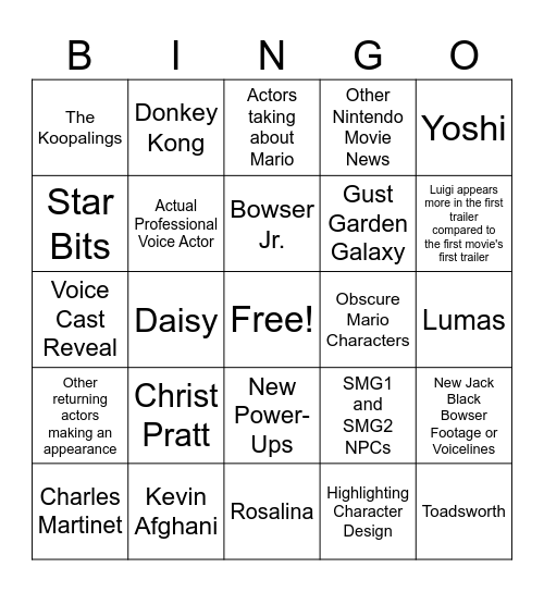 The Super Mario Galaxy Movie Direct Bingo Card