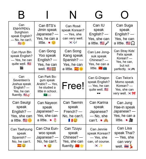 B9 L5 Can Lisa speak Thai? — Yes, she can very well. 🇹🇭💃 Bingo Card
