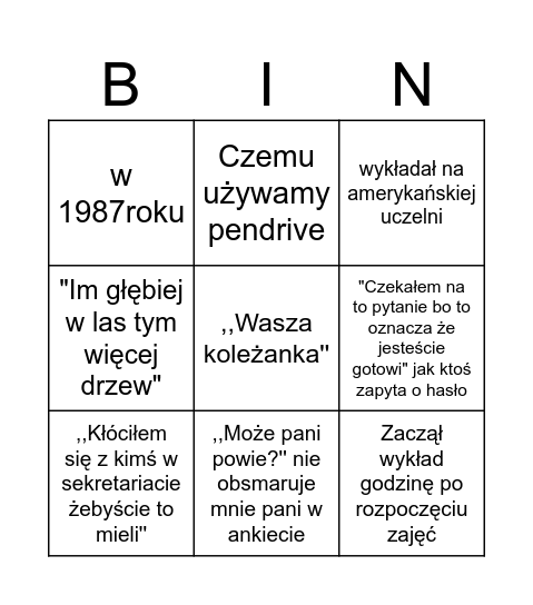 W wykład Bingo Card
