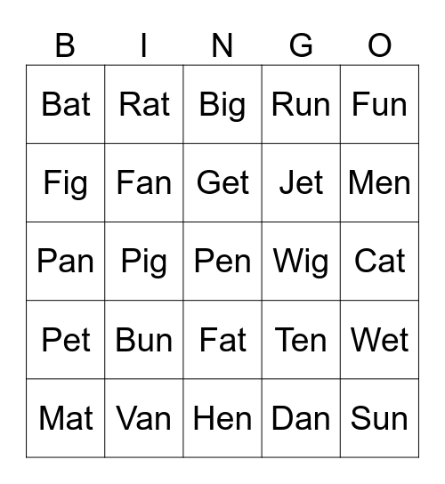 CVC words Bingo Card